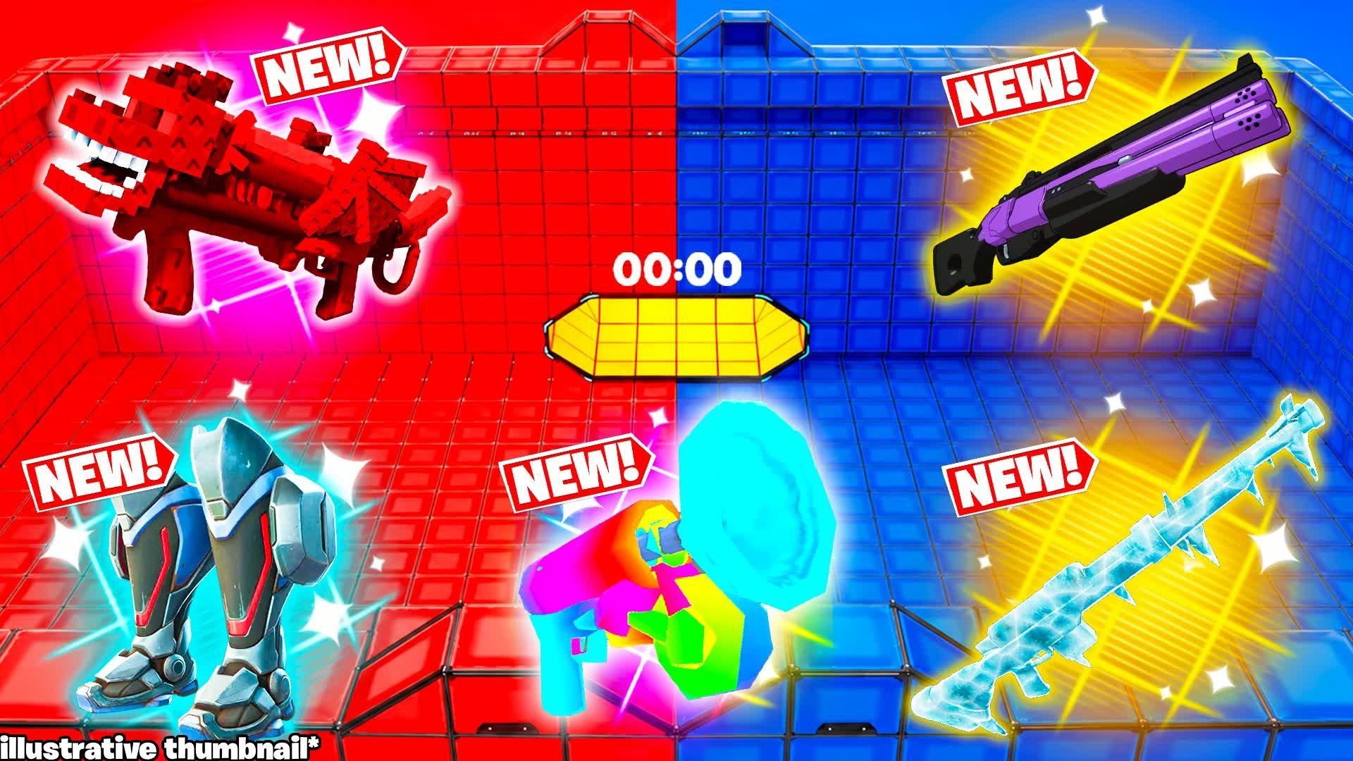 Red vs Blue with custom weapons UEFN map thumbnail (illustrative)